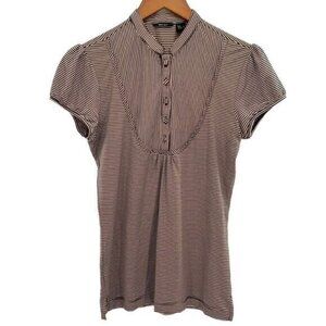 Mango Womens Top Brown Striped Button Front Band Collar Puff Sleeve Shirt